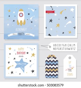 Cute Cards And Badges With Gold Confetti Glitter For Kids. For Baby Shower, Birthday, Space Party Invitation. Astronaut Little Boys Design. Hand Written Narrow Kiddy Font Included.