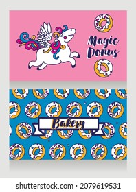 Cute cards for bakery with cartoon donuts and flying unicorn, vector illustration