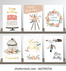 cute cards for banners,Flyers,Placards with feather,arrow,wreath,cage,flower and cake