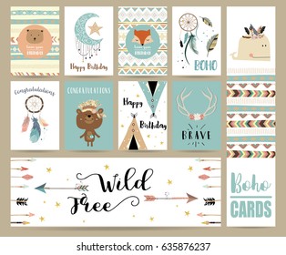 cute cards for banners,Flyers,Placards with feather,fox,bear,whale,wild and arrow in boho style