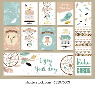 cute cards for banners,Flyers,Placards with feather,fox,cake,wild and arrow in boho style