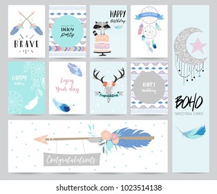 cute cards for banners,Flyers,Placards with feather,skunk,wild,moon,star,arrow,cake and ribbon