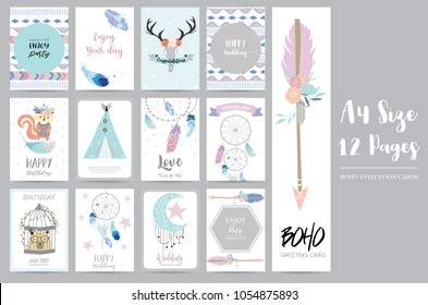 cute cards for banners,Flyers,Placards with feather,squirrel,wild,moon,star,arrow,cage,bear and tent