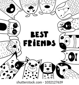 Cute cards with black and white doodle dogs and lettering Best friends!. Funny animals. Vector illustration. Can be used for child books, cards, mug, T-shirt print.