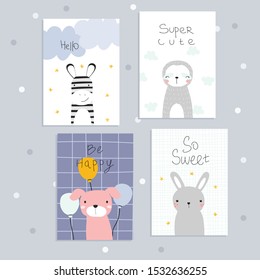 Cute cards with cartoon animals for kids. Vector hand drawn illustration. 
