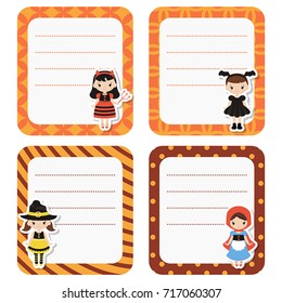 Cute cards with cartoon children in colorful halloween costumes on white background