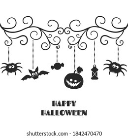 Cute cards with cartoon funny monsters silhouettes and pumpkins. Happy Halloween poster.