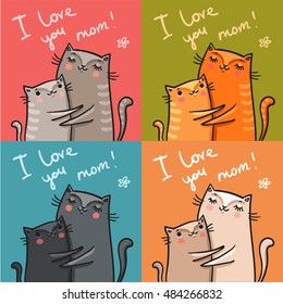 cute cards with cats for mothers day. vector illustration. i love you mom