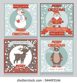 cute cards for christmas and new year party, cartoon vector illustrations
