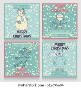 cute cards for christmas and new year party, cartoon vector illustrations