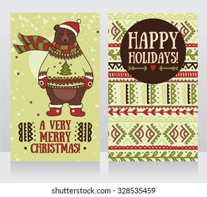 cute cards for christmas with smiling bear, vector illustration