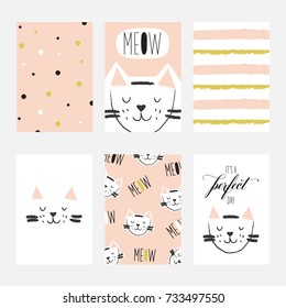 Cute cards collection with cat illustration. Striped and dots pattern design. Lettering with a cat. Pink and white cards set for little girl or girl`s party. Vector.