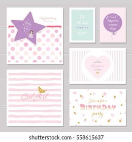 Cute cards design with glitter for teenage girls. Inspirational quotes, birthday, sweet 16 party invitation. Included polka dot and striped seamless patterns.