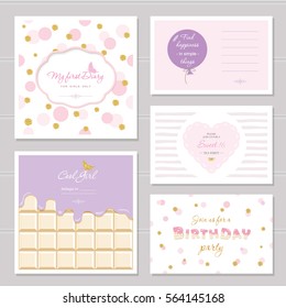 Cute cards design with glitter for teenage girls. Inspirational quotes, birthday, sweet 16 party invitation. Included polka dot, chocolate and striped seamless patterns.