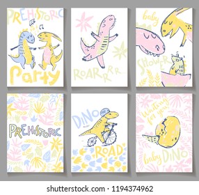 Cute cards with dinosaurs. Party invitation, baby shower, posters and prints. Vector illustration