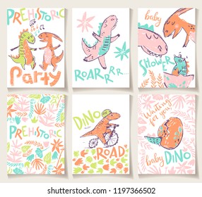 Cute cards with dinosaurs. Party invitation, baby shower, posters and prints. Vector illustration