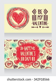 Cute cards with doodle heart ornament for valentines day, retro colors, vector illustration