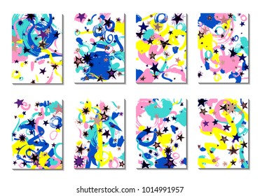 Cute Cards with Doodle Stars and Abstract Shapes. Set of 8 Covers, Cards or Light Backgrounds for Posters. Simple Naive Design in Retro Stile. Light Primitive Backgrounds with Abstract Shapes. Vector