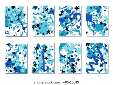 Cute Cards with Doodle Stars and Abstract Shapes. Set of 8 Covers, Cards or Light Backgrounds for Posters. Simple Naive Design in Retro Stile. Light Primitive Backgrounds with Abstract Shapes. Vector