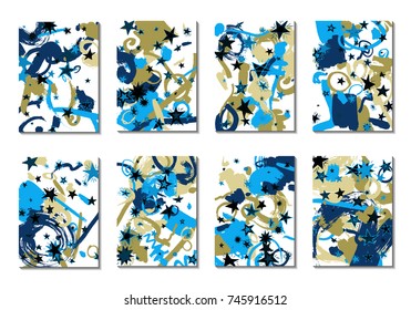 Cute Cards with Doodle Stars and Abstract Shapes. Set of 8 Covers, Cards or Light Backgrounds for Posters. Simple Naive Design in Retro Stile. Light Primitive Backgrounds with Abstract Shapes. Vector