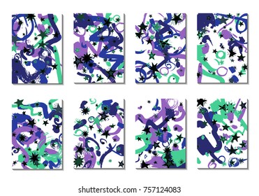 Cute Cards with Doodle Stars and Abstract Shapes. Set of 8 Covers, Cards or Light Backgrounds for Posters. Simple Naive Design in Retro Stile. Light Primitive Backgrounds with Abstract Shapes. Vector