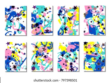 Cute Cards with Doodle Stars and Abstract Shapes. Set of 8 Covers, Cards or Light Backgrounds for Posters. Simple Naive Design in Retro Stile. Light Primitive Backgrounds with Abstract Shapes. Vector