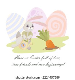Cute cards for Easter. Hand-drawn design of Spring greeting card. Happy holiday. Spring. Rabbits. Vector illustration.