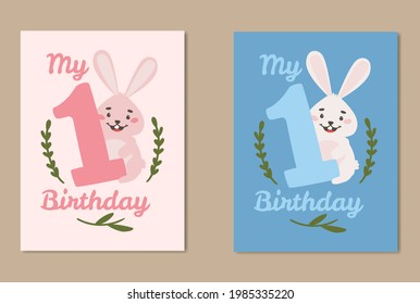 Cute cards for the first birthday. Little hare with number 1 and congratulations. For postcards, web, advertising, photobolt printing and textiles.