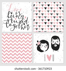 Cute cards with fun couple and romantic lettering quote and seamless pattern love collection. Perfect for valentines day, birthday, save the date invitation. Glitter texture