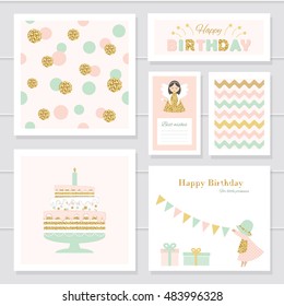 Cute cards with gold confetti glitter for girls. Can be used for baby shower, birthday, valentines day, party invitation. For print and web. Pastel colors.