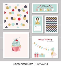 Cute cards with gold confetti glitter for girls. Can be used for baby shower, birthday, valentines day, party invitation. For print and web. Trendy colors.