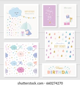 Cute Cards With Gold Glitter Elements For Girls. Can Be Used For Baby Shower, Birthday, Babies Clothes, Notebook Cover Design. Included Two Seamless Patterns With Rain Drops And Clouds. Watercolor.