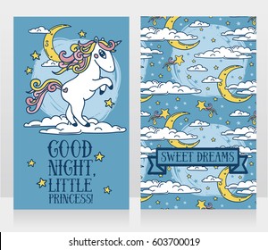 cute cards for good night with stars and unicorn, vector illustration