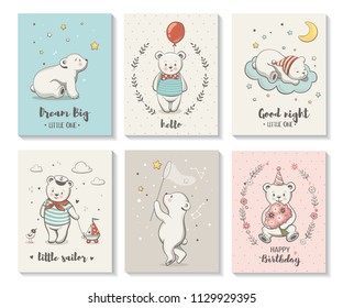 Cute cards with little bear, vector characters set, posters for baby room, baby shower, greeting card, kids and baby t-shirts and wear. Hand drawn nursery illustration.