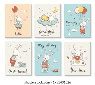 Cute cards with little bunny, vector characters set, posters for baby room, baby shower, greeting card, kids and baby t-shirts and wear. Hand drawn nursery illustration.