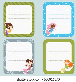 Cute cards with mermaids theme design on white background