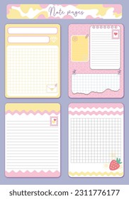 Cute Cards notes. Kids notebook page vector template. Stickers, labels, tags paper sheet illustration. Set of planners and to do lists with simple girls  illustrations