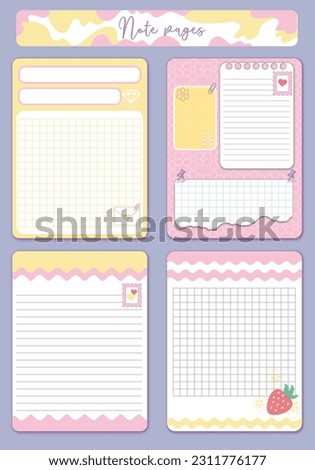 Cute Cards notes. Kids notebook page vector template. Stickers, labels, tags paper sheet illustration. Set of planners and to do lists with simple girls  illustrations