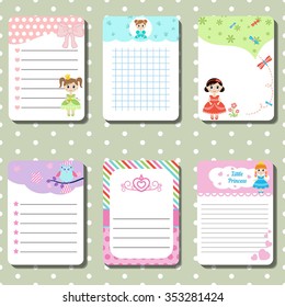 Cute cards, notes, stickers, labels, tags with princess theme design. Template for scrapbooking, wrapping, congratulations, invitations.