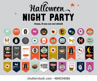 Cute Cards, Notes, Stickers, Labels, Tags with Autumn Halloween Illustrations and Wishes. Template for Greeting Scrapbooking, Congratulations, Invitations. Halloween Typographic. Vector. Isolated