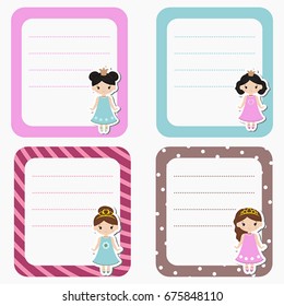 Cute cards, notes, stickers, labels, tags with princess theme design. Template for  wrapping, congratulations, invitations.
