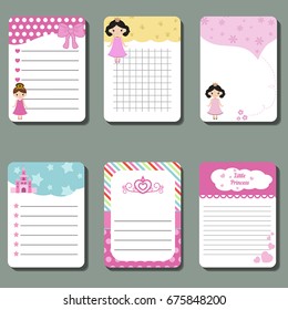Cute cards, notes, stickers, labels, tags with princess theme design. Template for wrapping, congratulations, invitations.