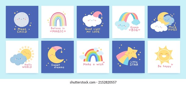 Cute cards with positive affirmation quotes, childish posters with rainbows, clouds, moon sun and stars characters. inspiration poster for nursery decoration, greeting card for kids vector set