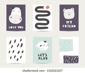 Cute cards, postcards, invitations, pages with snake, frog, fish, apple, abstract backgrounds. 