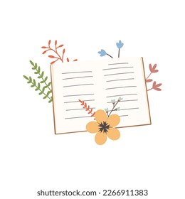 Cute cards and posters for the spring holiday. Vector illustration. Opened book with flowers for spring holiday design.
