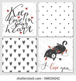 Cute cards and seamless pattern, love collection. Perfect for valentines day, birthday, save the date invitation. 