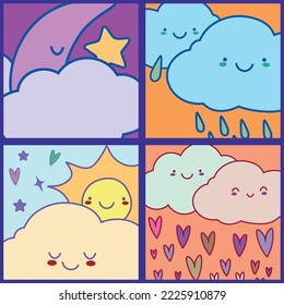 Cute cards set with hand drawn clouds kawaii . Can be used for baby shower, birthday, babies clothes, notebook cover design. Vector cartoon style EPS
