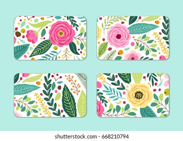 Cute cards set with rustic hand drawn spring floral patterns