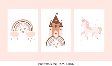 Cute cards in soft pastel colors for children. Hand drawn graphics for children's clothing. Use for printing, fashion children's clothing. Unicorn, magic castle and rainbow
