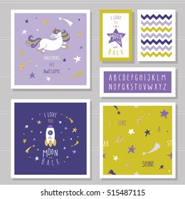 Cute cards with unicorn and gold glitter stars. For birthday invitation, baby shower, pajamas, sleepwear design. I love you to the moon and back. Hand written narrow font. With two seamless patterns.